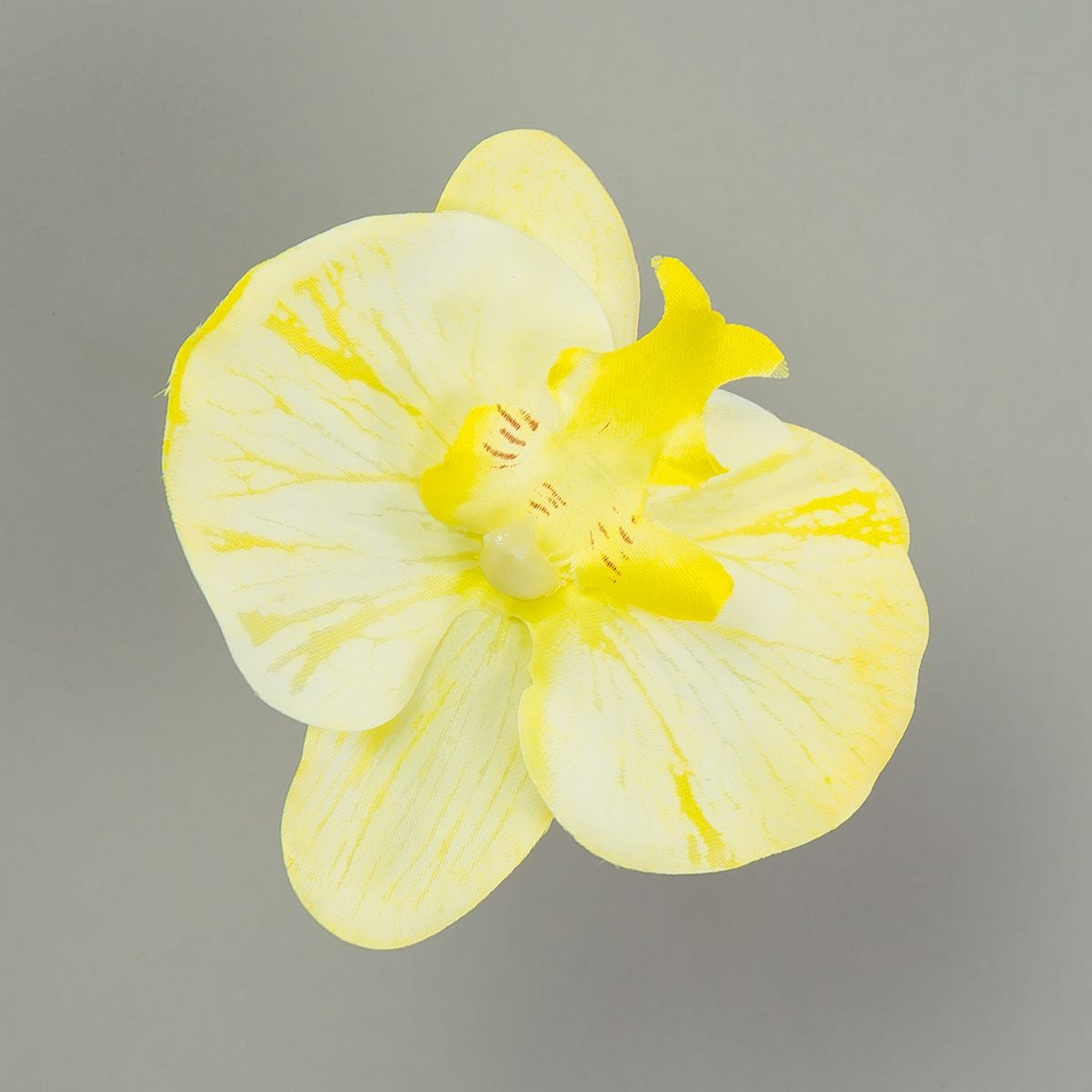 Valkoinen/keltainen tekoorkidean kukkapää, satiini, 11 cm, 12 kpl