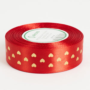Punainen-kullanvärinen satiininauha 25 mm × 23 m, kultaiset sydämet
