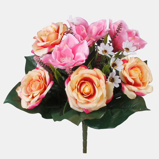 Tekokukkakimppu ruusu ja magnolia vaaleanpunainen ja keltainen 48 cm - Tekokukat