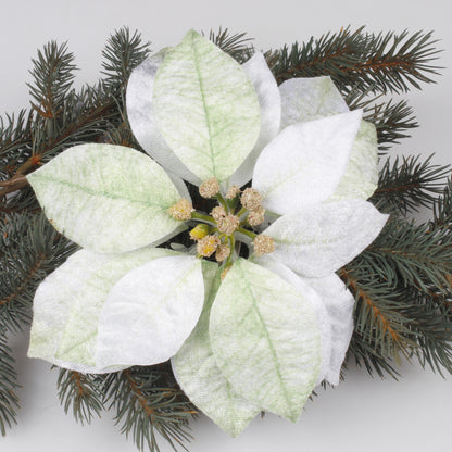 Valkoinen/vaalea/vihreä joulutähti – tekokukkapää, sametti, 20 cm